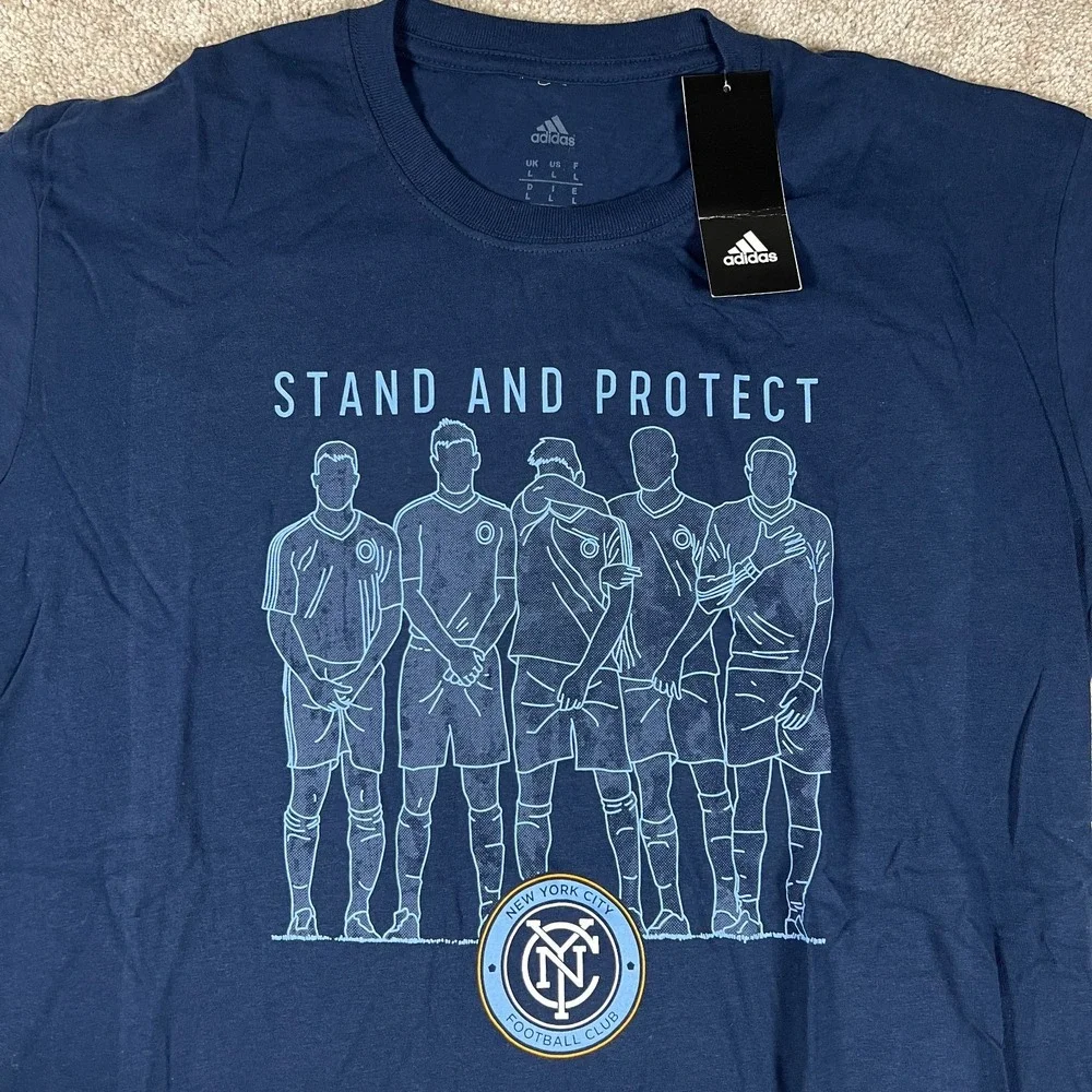 Adidas Mens Large Blue Graphic NYCFC Stand And Protect Football Club T-Shirt NWT